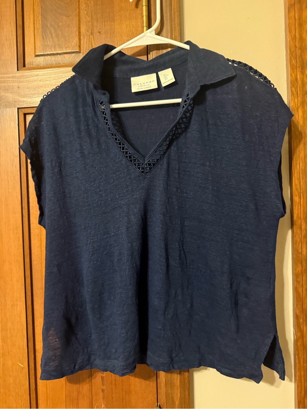 Calypso St. Barth Navy Crochet-Trim Cropped V-Neck Polo Tunic